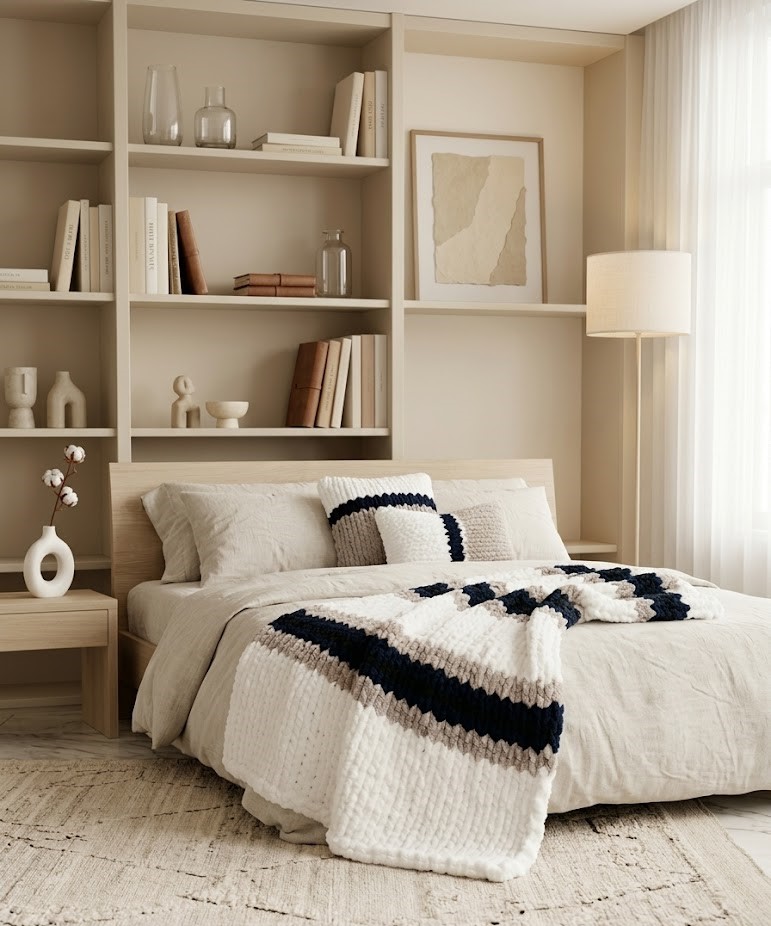 Set Home Decor "Indigo & Sable" – Plaid XXL e 2 Cuscini Chunky Knit – Fatto a Mano	